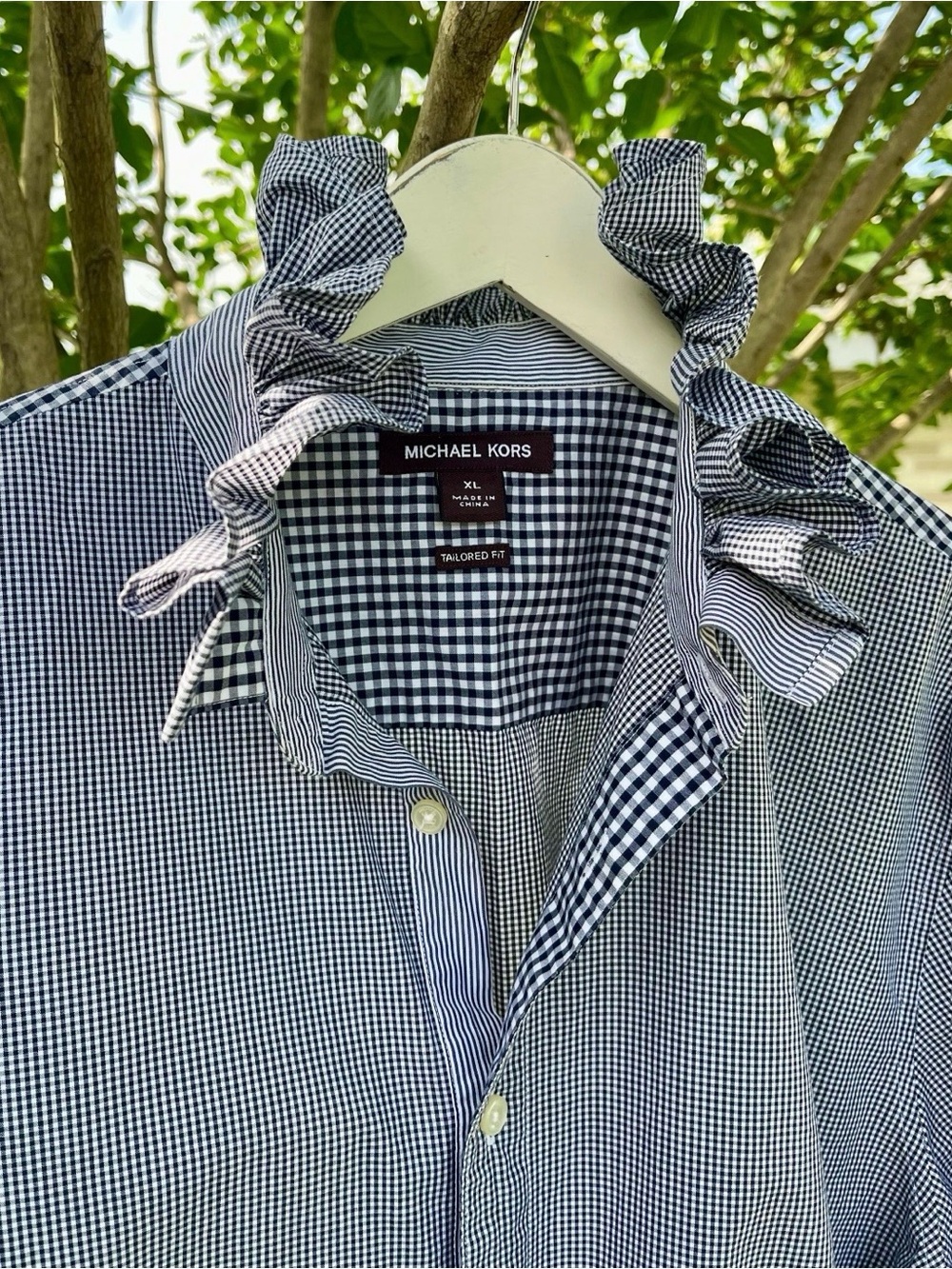 Michael Kors Reworked Ruffled Neck Navy & White Gingham